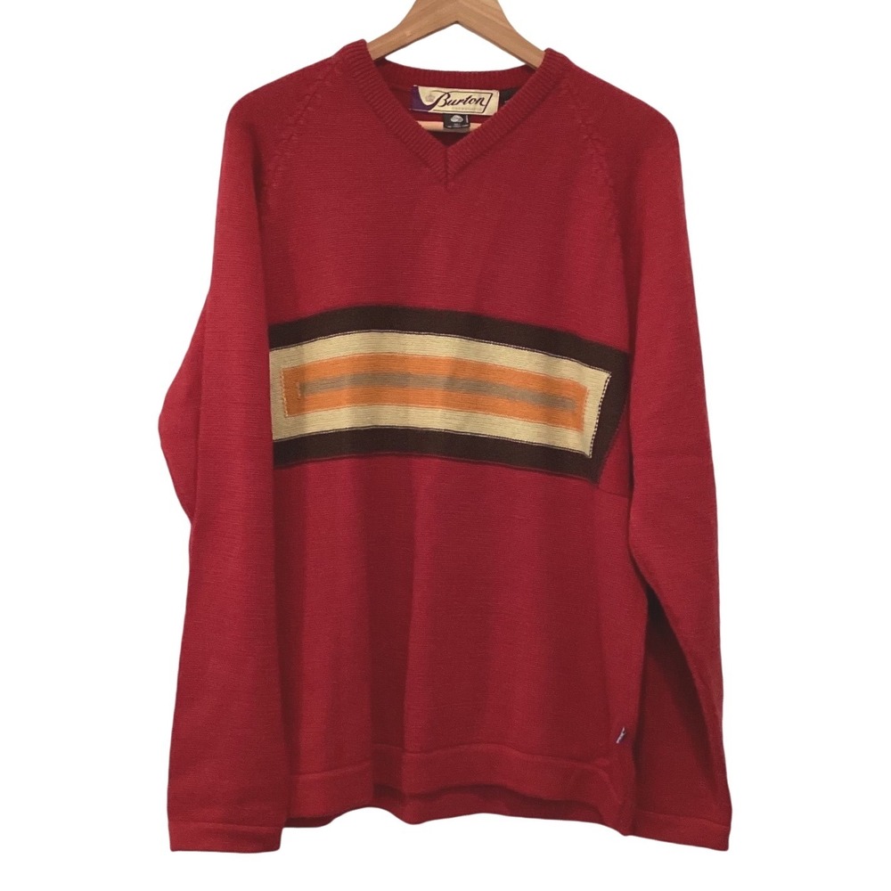 Burton Snowboards Red 100% Wool V-Neck Striped Retro Sweater Medium Vintage